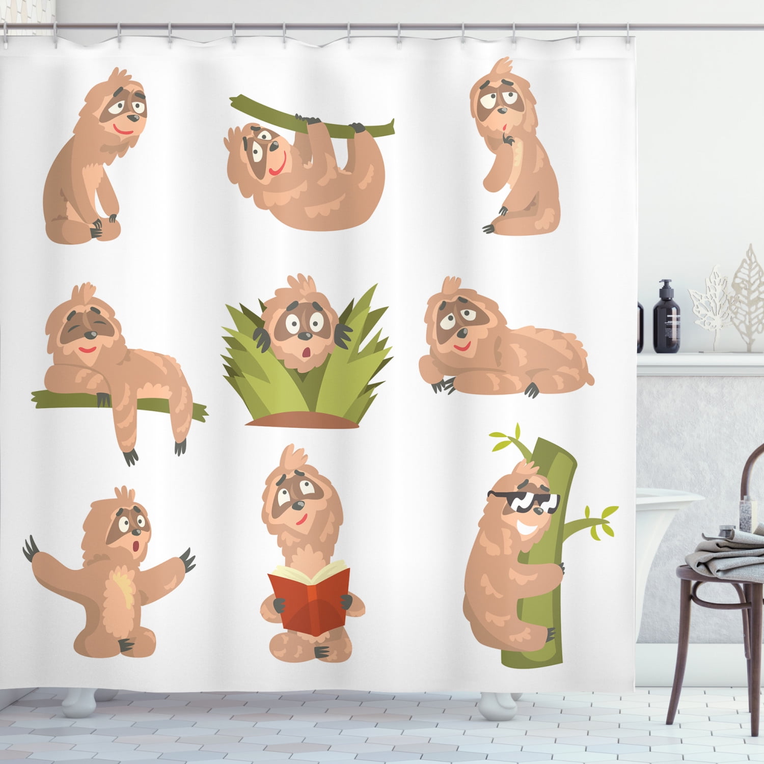 Cute Sloth Chew Slow Stock Illustrations for Kid Details about   Cartoon Animals Shower Curtain 
