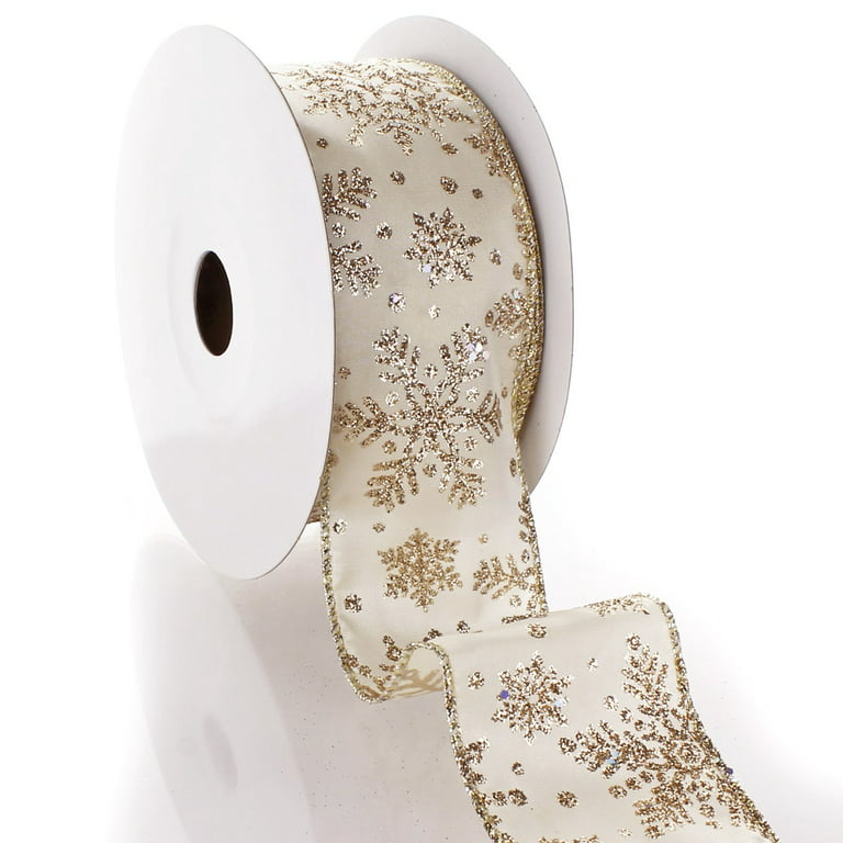 Ribbon Traditions Glitter Snowflakes Satin Wired Ribbon 2 1/2 Inch By 25  Yards - White / Silver