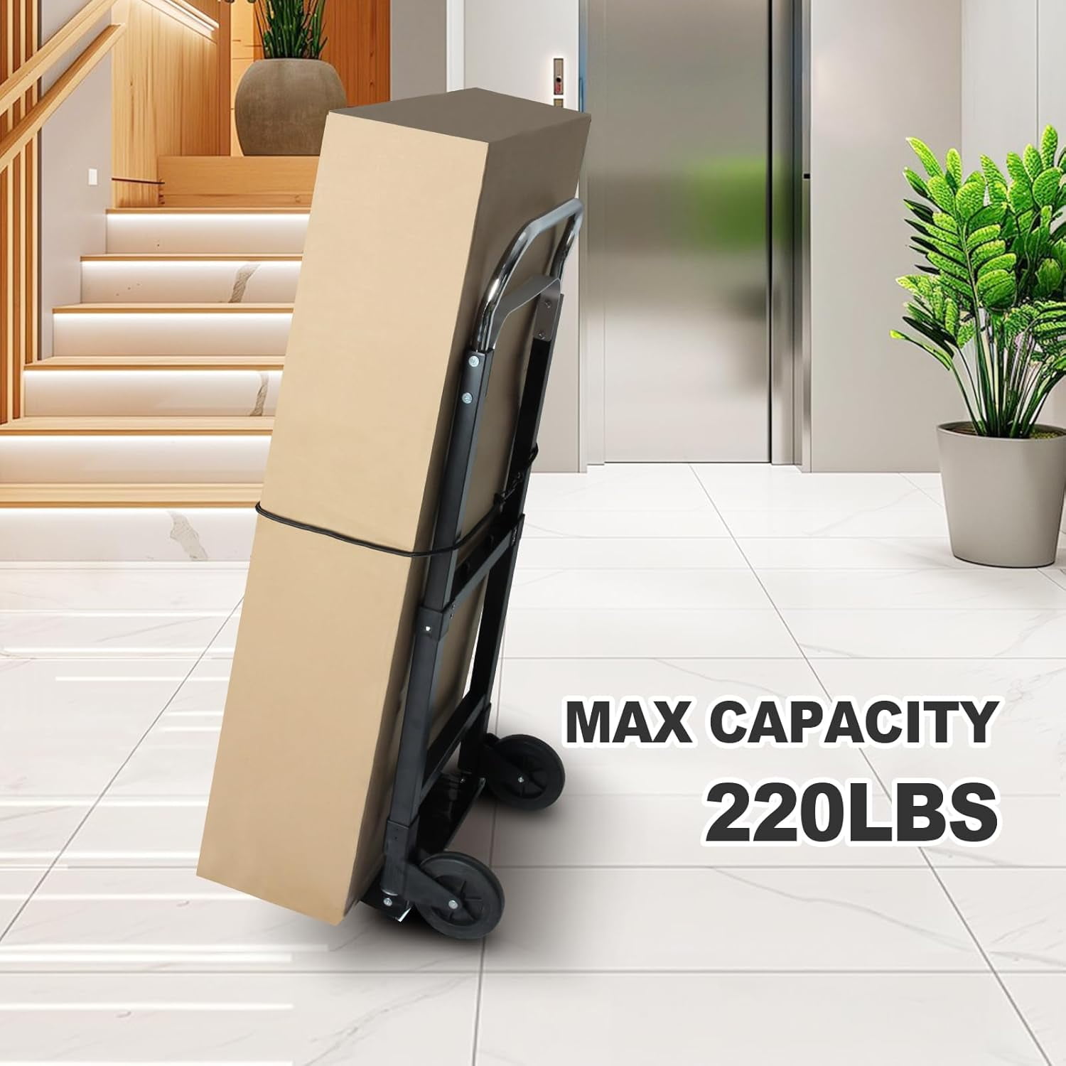 Foldable Hand Truck 220lbs Capacity Heavy Duty Steel Collapsible Utility Cart with TPR Wheels &  Bungee Cord Portable Dolly for Home Office Warehouse