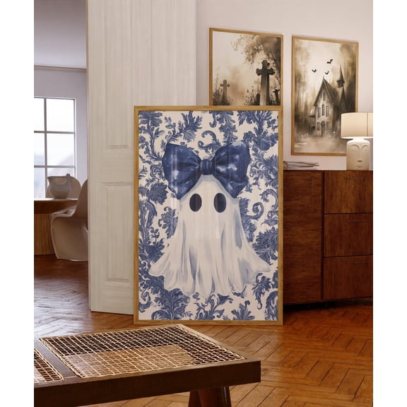 YaHaku Cute Ghost Wall Art Cute Halloween Poster Navy Blue Halloween Coquette Room Decor Cool girl apartment decor Ghost Bow
