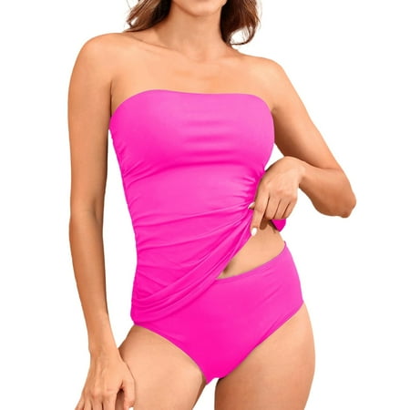 Upioiwer Bandeau Swimsuits for Women Swimsuits Two Piece Shorts Two Piece Bathing Suits Plus Size Leopard Swimsuits Ruched Tankini Sets Strapless Womens Swim Bra Tops Swimwear Pink Medium