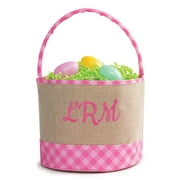 Personalized Pink Checkered Burlap Easter Bucket Bag with Custom Monogram Embroidery, Pink Letters