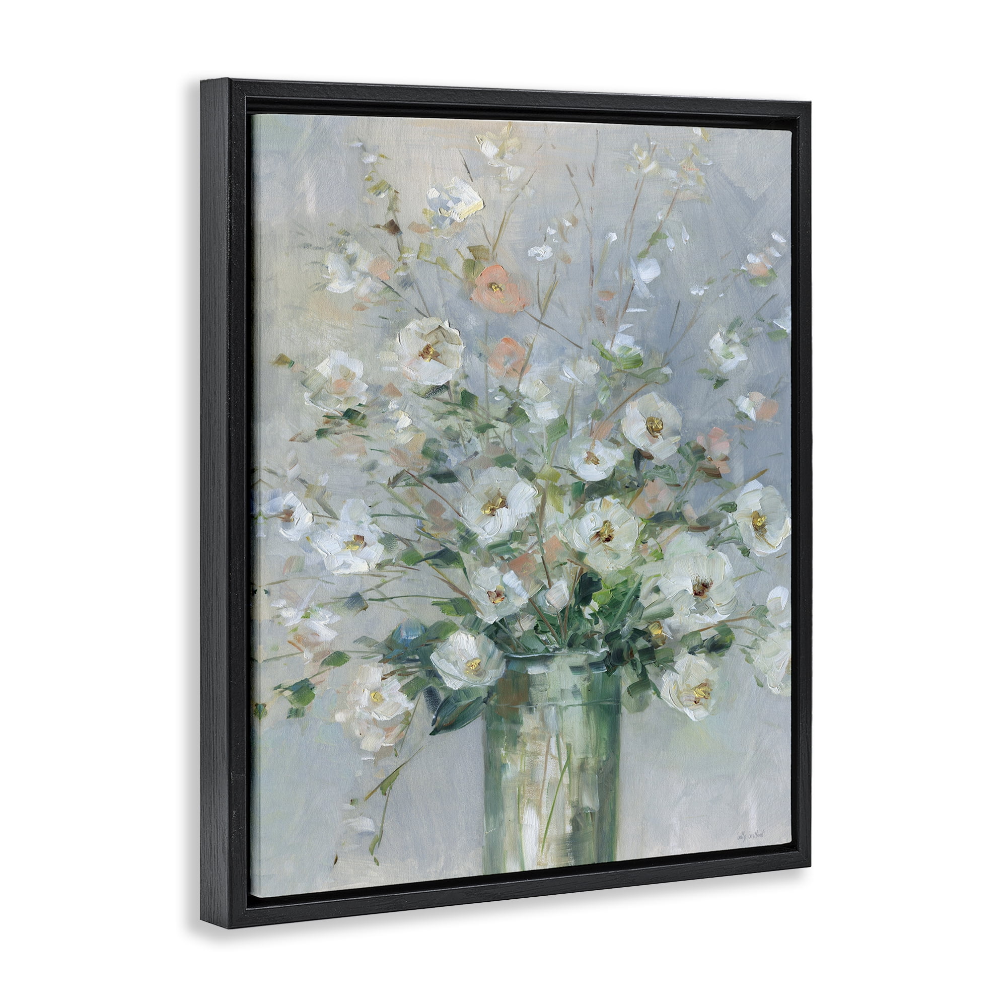 Stupell Industries Delicate White Blossoms Impression Black Framed Floater Canvas Wall Art, design by Sally Swatland
