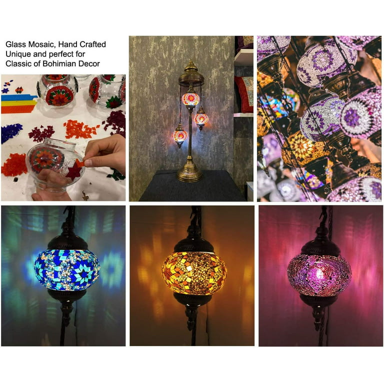 SILVERFEVER Moroccan Lamps Mosaic Turkish Lamp -Three Tier Lanterns  Colorful Handmade Glass Floor or Table with E 12 Bulbs Red Yellow Starburst