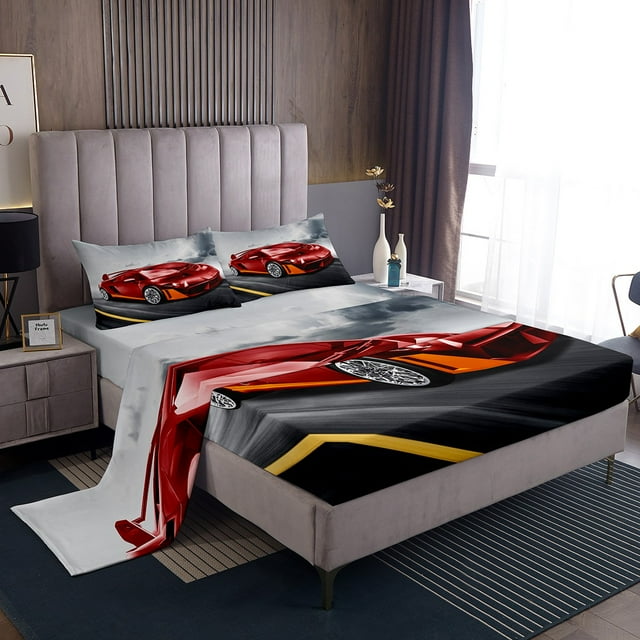 YST Drap-Housse Voiture de Course pour Garçons Lit Simple, Ensemble de Draps Voiture de Course Rouge Draps Sports Extrêmes Cadeaux Voiture de Course pour Hommes, Drap-Housse Voiture de Course Vitesse Cool pour Enfants Ados Hommes Adultes Déco de Chambre