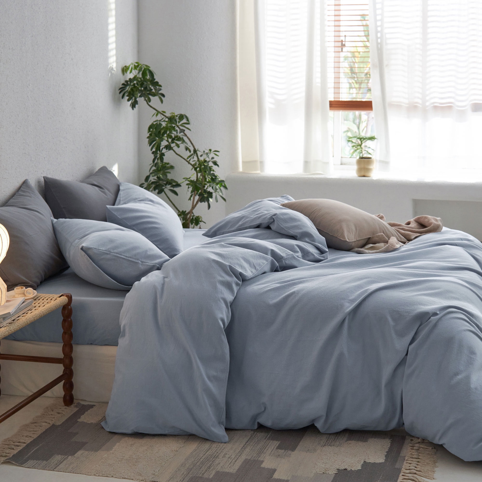 MooMee Duvet Cover Set Queen 100% Washed Cotton Twill Ultra-Soft Breathable Linen Like 3-Piece (Cornflower Blue, 90"x90")