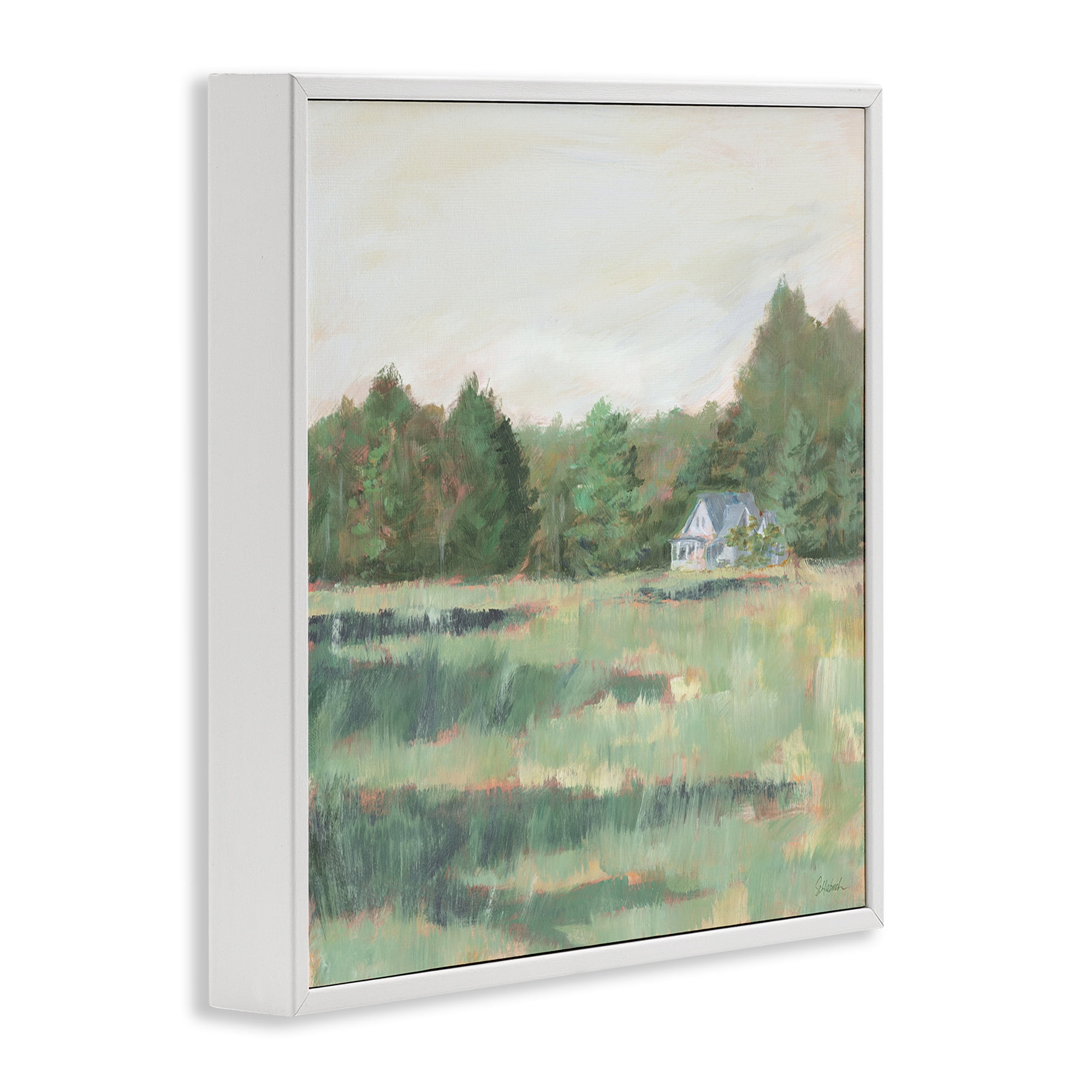 Stupell Industries Farmhouse Across Meadow Landscape Painting White Framed Art Print Wall Art, 12 x 12