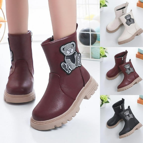 HAOTAGS Girls Martin Boots, Solid Color Zipper Side-Zip Knee-High School Boots Wine 10 Little Kids