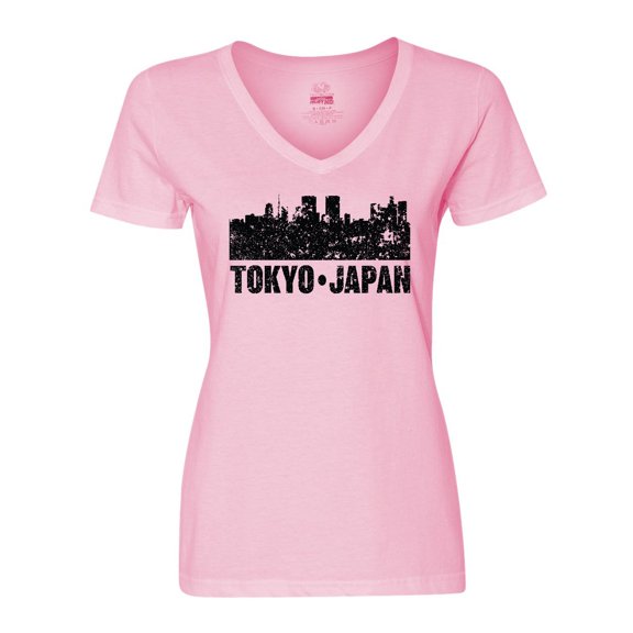 Inktastic Tokyo Japan City Skyline with Grunge Women's V-Neck T-Shirt