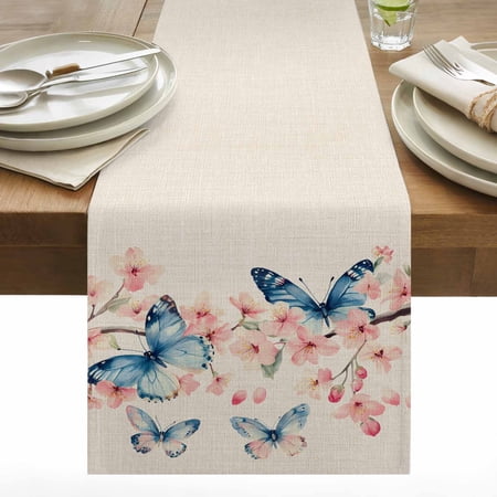 Butterfly Floral Cotton Linen Table Runner Watercolor Pink Blue Flower Butterflies Green Leaf Linen Texture Dining Table Runners for Home Decor Party Dining Room Restaurant Kitchen 13 x 48