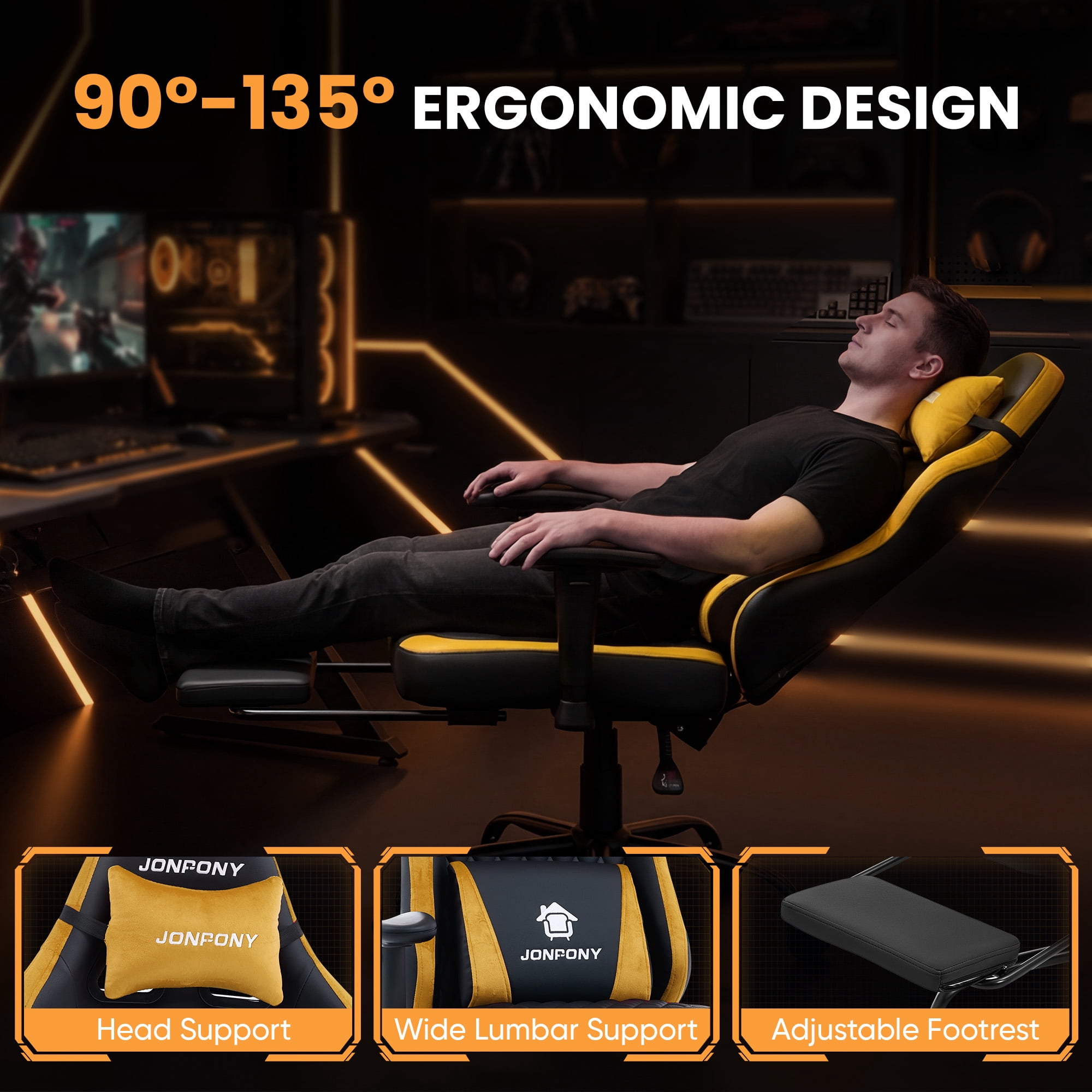 JONPONY Big and Tall 500LBS Ergonomic Gaming Chair, Gamer Chair PU Leather with Footrest and Lumbar Support, High Back Office Chair Support 8 Hours Long Sitting, Computer Chair,2D Armrests，Orange