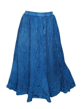 Mogul Womens Stylish Blue Embroidered Rayon Maxi Skirts