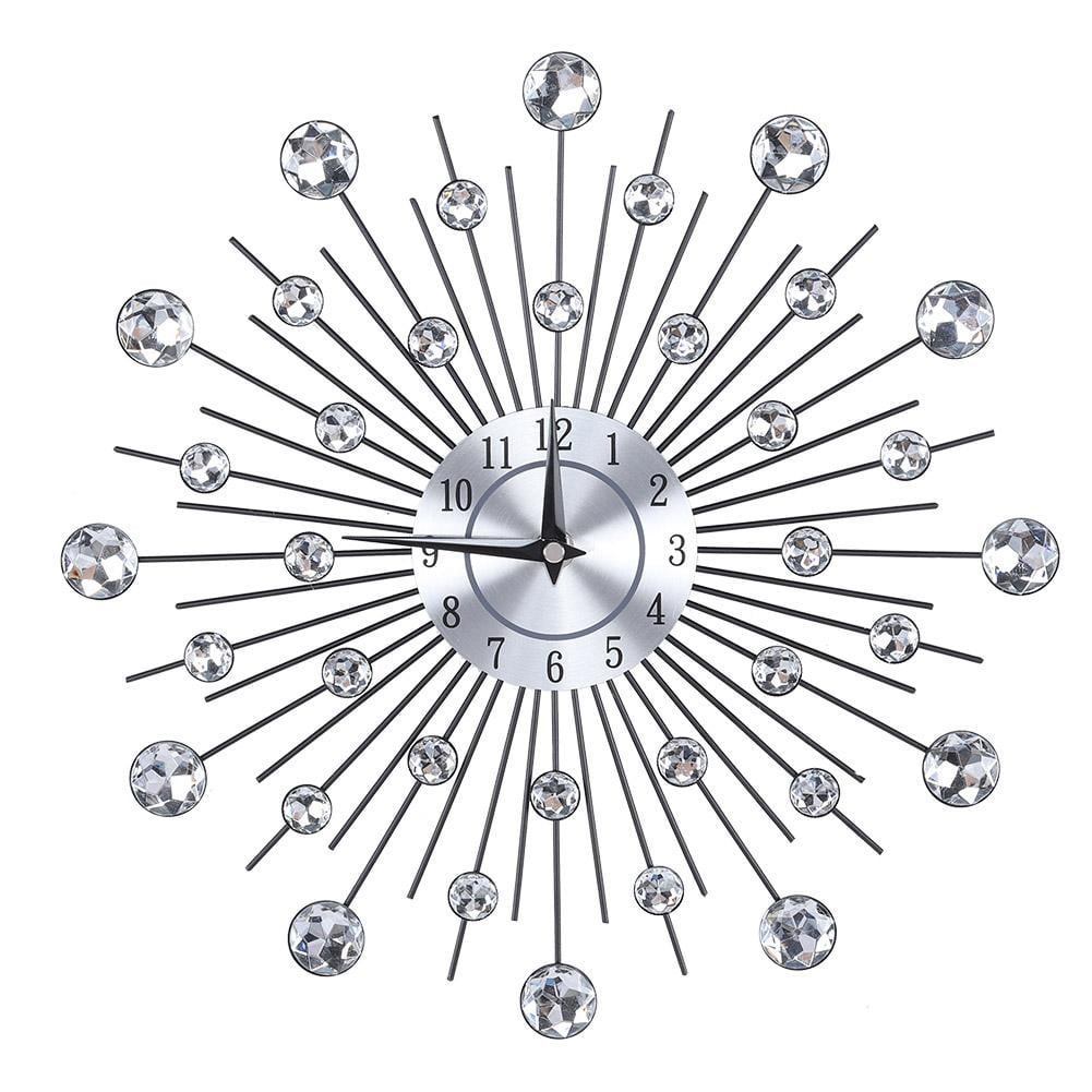 Fugacal 13” Quartz Flower-Shaped Metallic Silver Wall Clock with Sparkling Bling