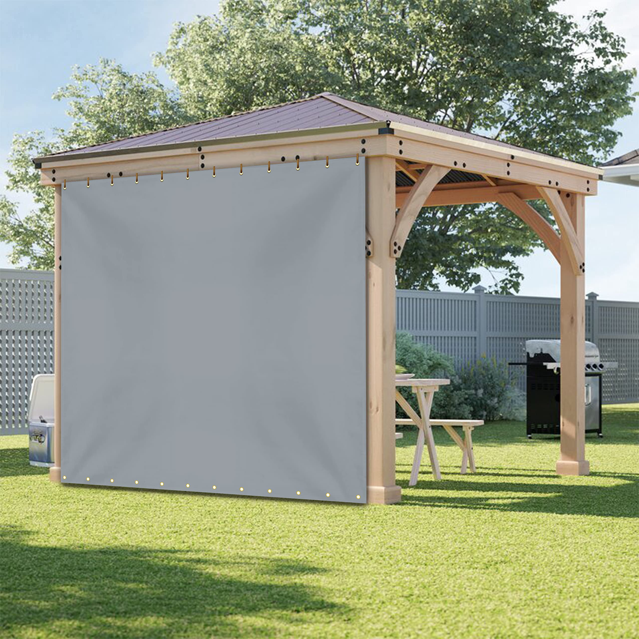 Outdoor Vinyl Curtain for Patio Furniture 18 Oz - Weather Resistant Patio Blackout Drapes for Dining Room Window - with Rustproof Grommets - for Pergola, Porch, Gazebos (8'H x 9'W, Grey)