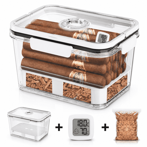 ChrumpTon Clear Cigar Humidor Box with Hygrometer and Cedar Chips, Gasket-Sealed Desktop Cigar Storage Case Holds Approximately 15-30 Cigars, Christmas and Father's Day Gift for Men