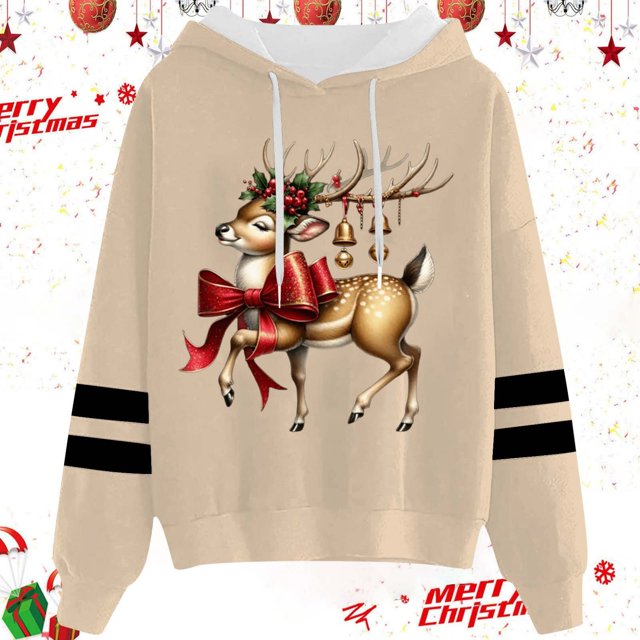 WILLBEST Sweat à Capuche pour Femmes et Hiver Mode Noël Nœud Rouge Imprimé Cerf Sweat à Capuche avec Cordon de Serrage