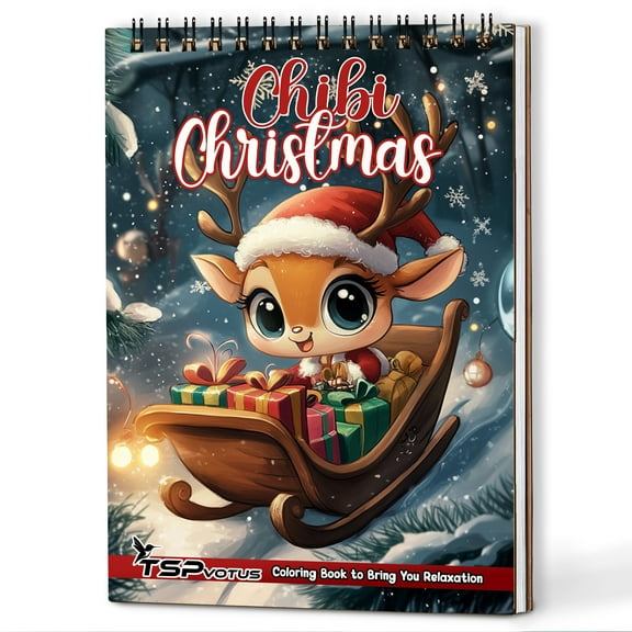 TSPVOTUS Chibi Christmas Spiral Bound Adults Coloring Book, A5 Wooden Cover, 30 Kawaii Coloring Pages of Christmas Collections for Stress Relief and Relaxation
