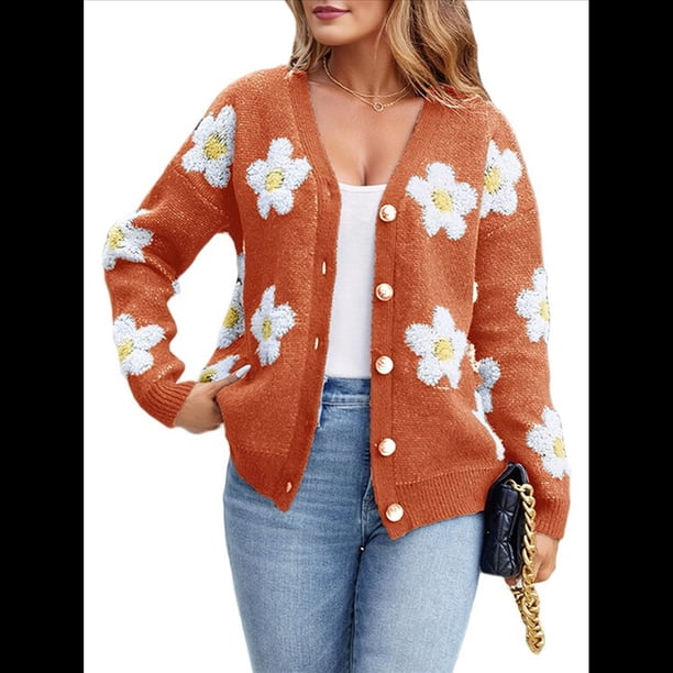 Cárdigan con Estampado Floral para Mujer, Larga, Abertura Frontal, Botones, Cuello en V, Tejido de Punto. Naranja Rojo L