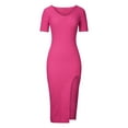 thumbnail image 4 of Womens Short Sleeve Midi Bodycon Dress V Neck Knit Ribbed Summer Split Pencil Dress Plain Elegant Party Dress, 4 of 7