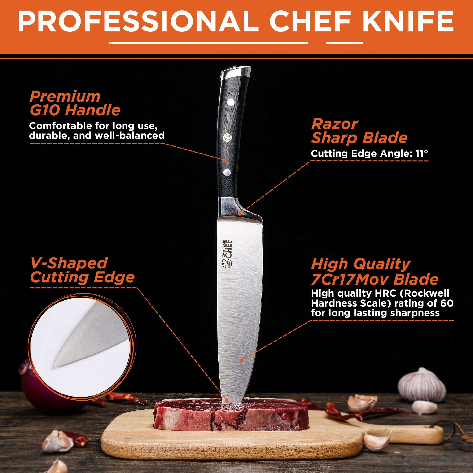 APARTMENTS Chef Knife 8 Inches, Professional Kitchen Knife, Stainless Steel  Forged Chef Knife Paired With Kitchen Safety Large Cutting Board Easy To  Grip Handle, (11+14) Inches, Ergonomic G10 Handle, Classic Chef Knife