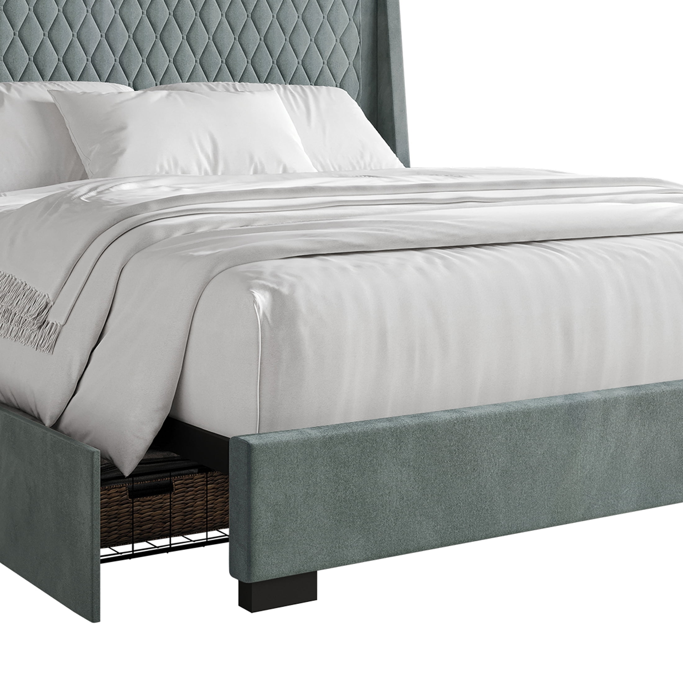 Castle Place Elegant Retreat Diamond Stitch Velvet King Platform Bed with Storage Drawers, Light Blue