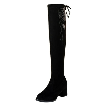 

TAIAOJING Women Boots Ladies Fashion Solid Color Flock Butterfly Rhinestone High Heel Stretch Over Knee Boots Winter Warm Shoes