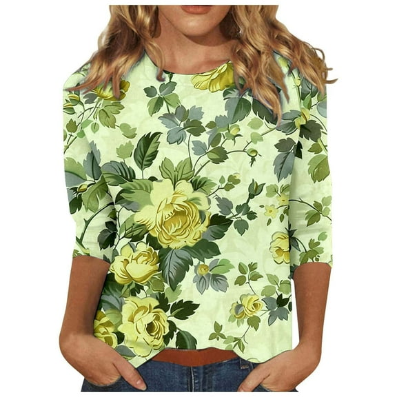 miqiqism Vintage Tops for Women Trendy Floral Printed Blouses Teen Girls Casual Slim Fit Shirt Juniors Crew Neck Blouse Fashion Long Sleeves Clothes,Green,Large