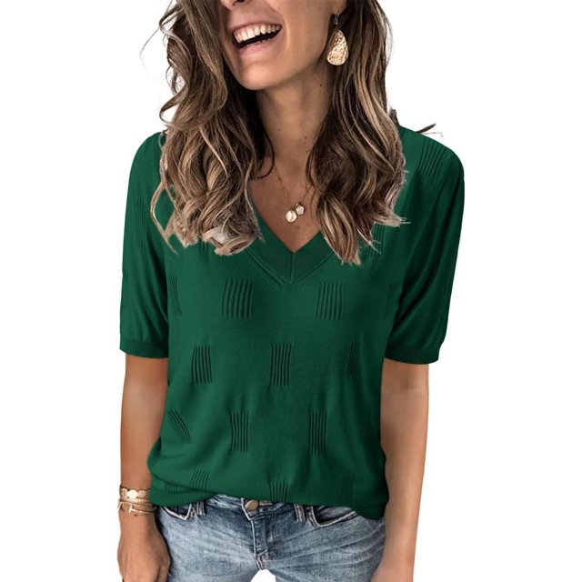 Arach&Cloz Women's V-Neck Short Sleeve Special Rib Knitted Pattern Casual Tops Sweater Spring Summer 2025
