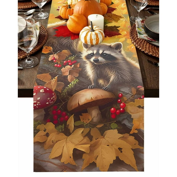 Raccoon Table Runner-Cotton Linen- 90 Inch Holiday Dresser Scarves, Forest Animal Autumn Maple Leaf Mushroom Tablerunner for Kitchen Coffee/Dining Bedroom Home Living Room Dinner Scarf Décor 13x90