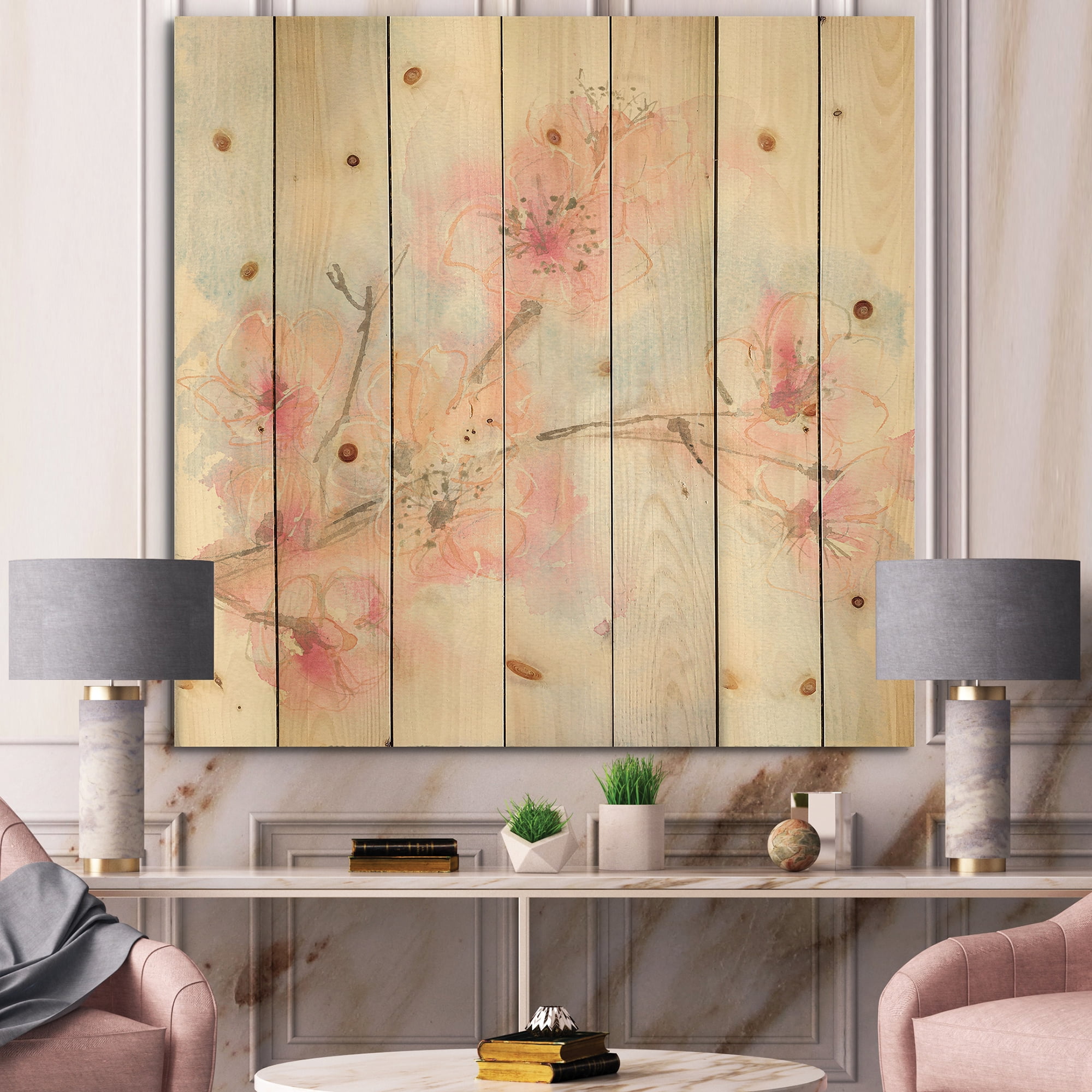Designart 'Pink Blossoms Branch' Floral Cottage Print on Natural Pine Wood
