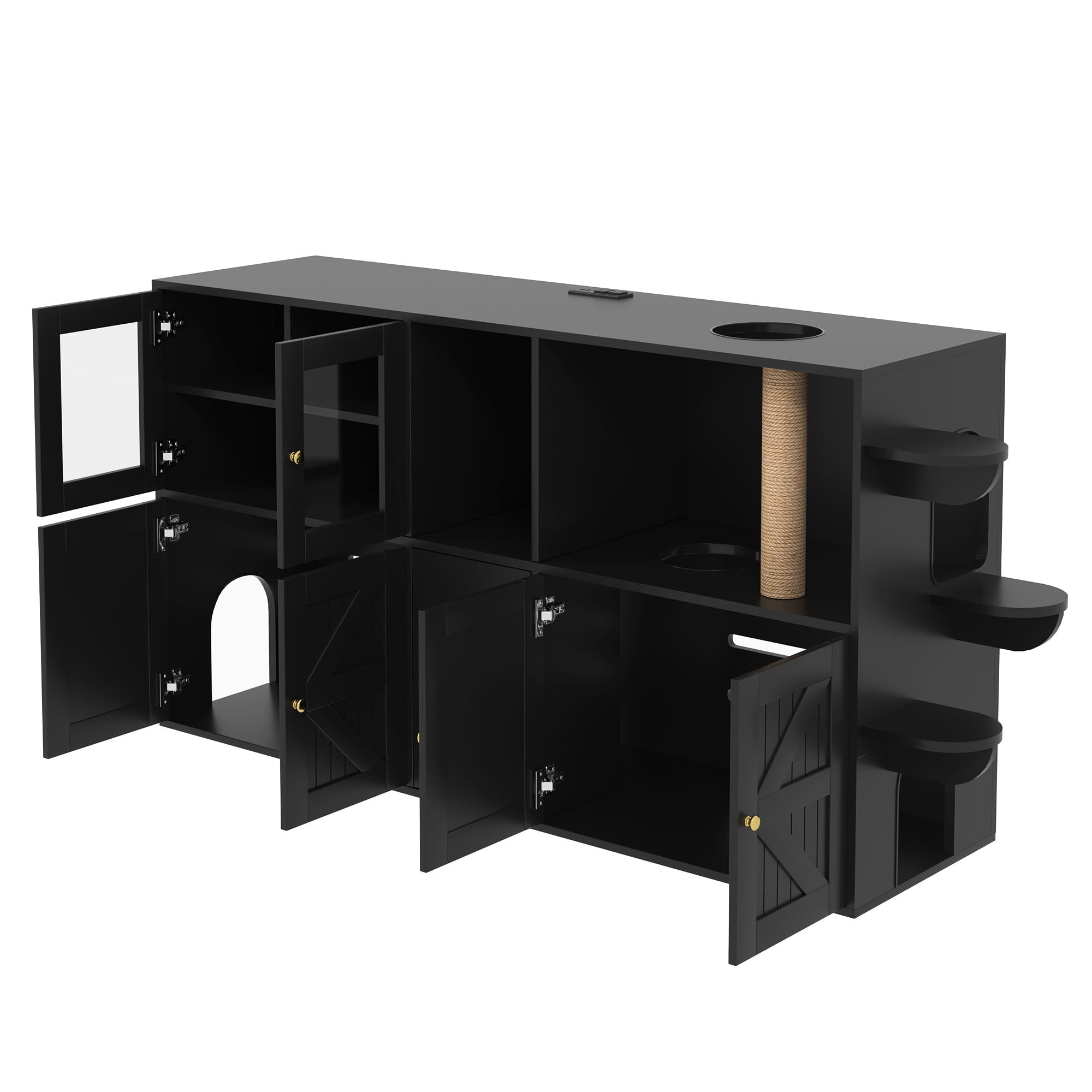 Aukfa 73.2" Cat Litter Box Enclosure TV Stand Furniture with Built-in Scratching Post & LED,Black