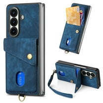 For Samsung Galaxy Z Fold 7 Wallet Case, Premium PU Leather Back Cover Cards Holder Stand Compatible with Car Mount RFID Blocking Hand Wrist Full Protective Phone Case for Women Girls, Blue