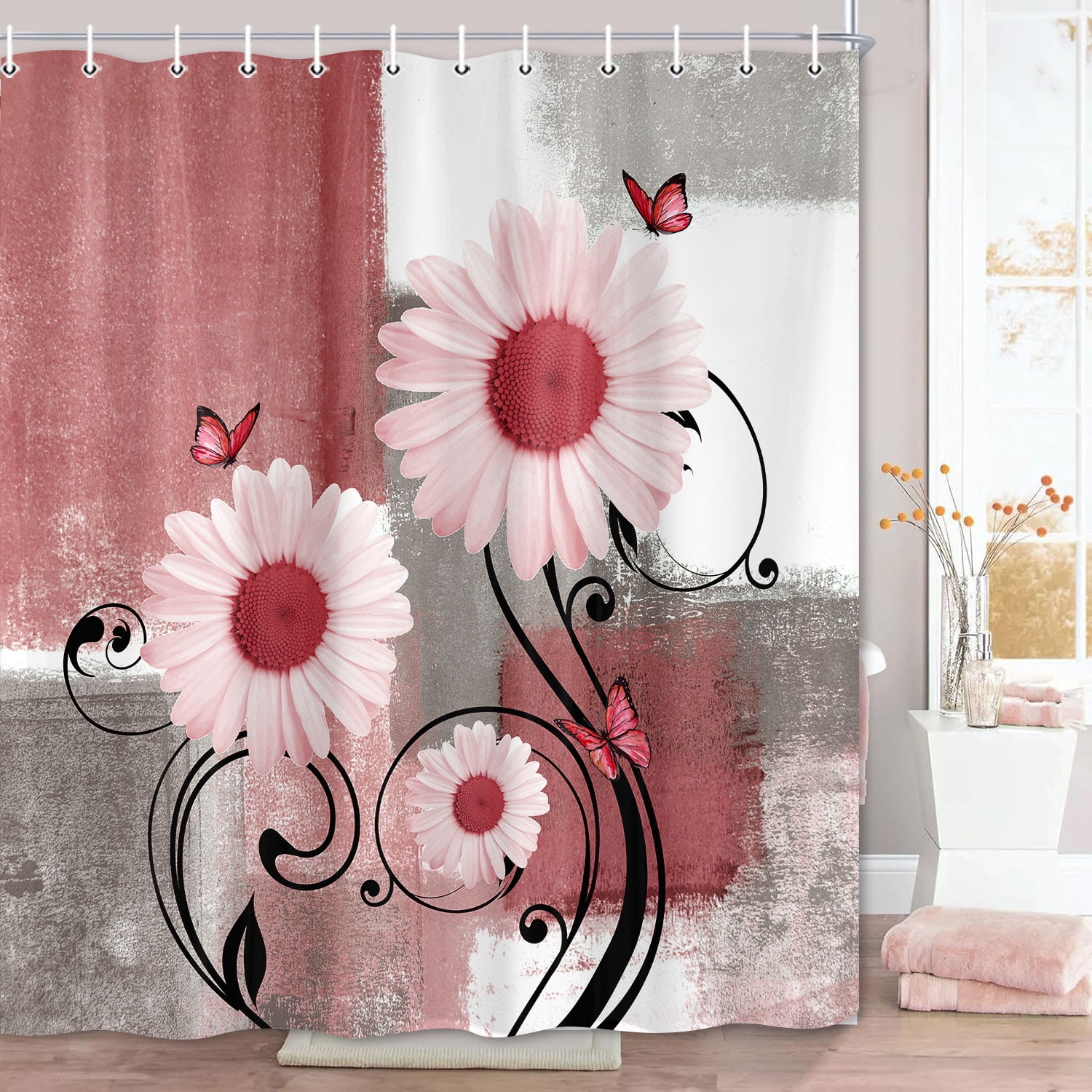 Rustic Farmhouse Shower Curtain Set | Red & Pink Daisy Floral with Butterflies, Waterproof Fabric & 12 Hooks, 60x70 Inches