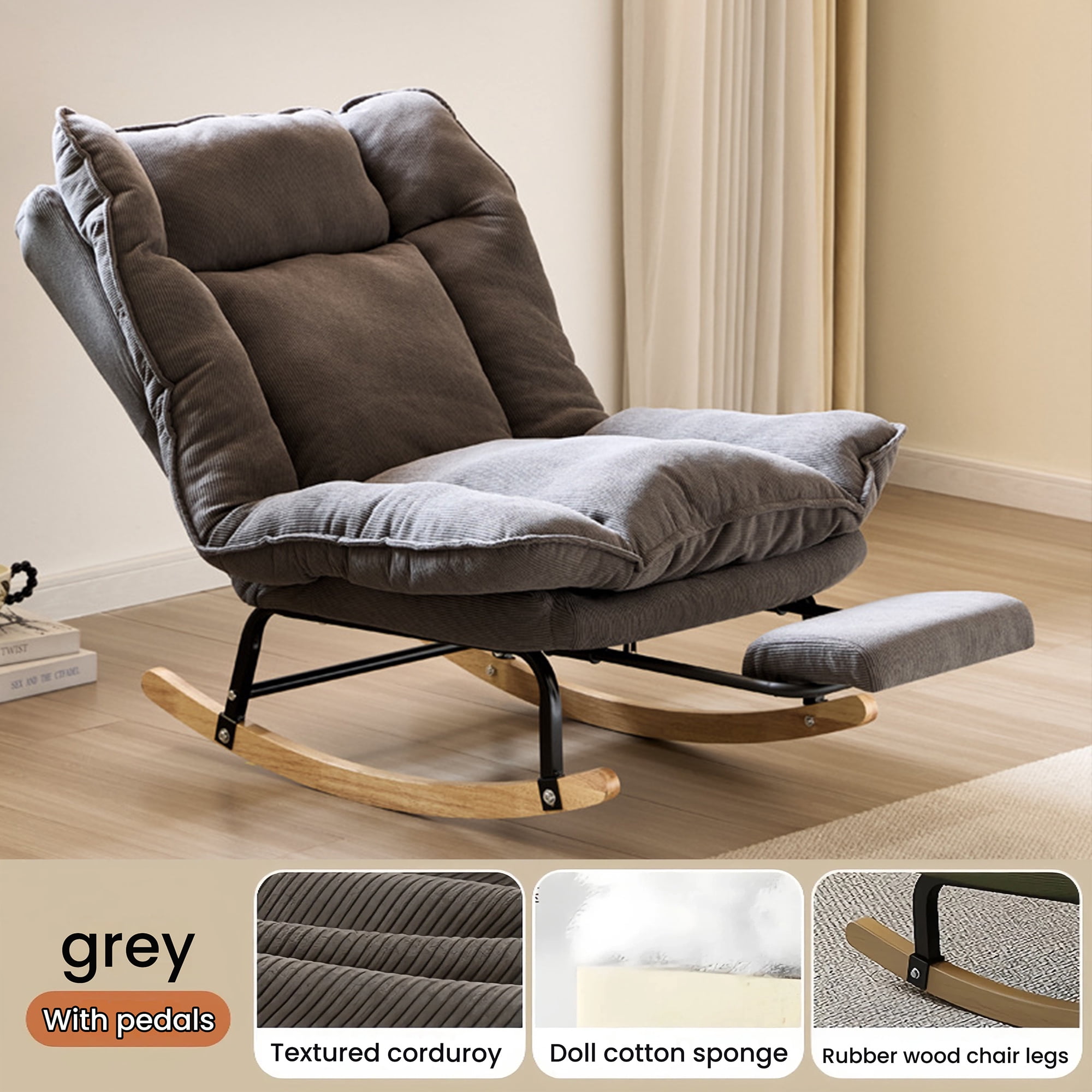 Keerffo Nursery Rocking Chair with Footrest,Corduroy Upholstered Lazy Recliner Lounge Chair, Single Sofa for Living Room, Rubber Wood Legs