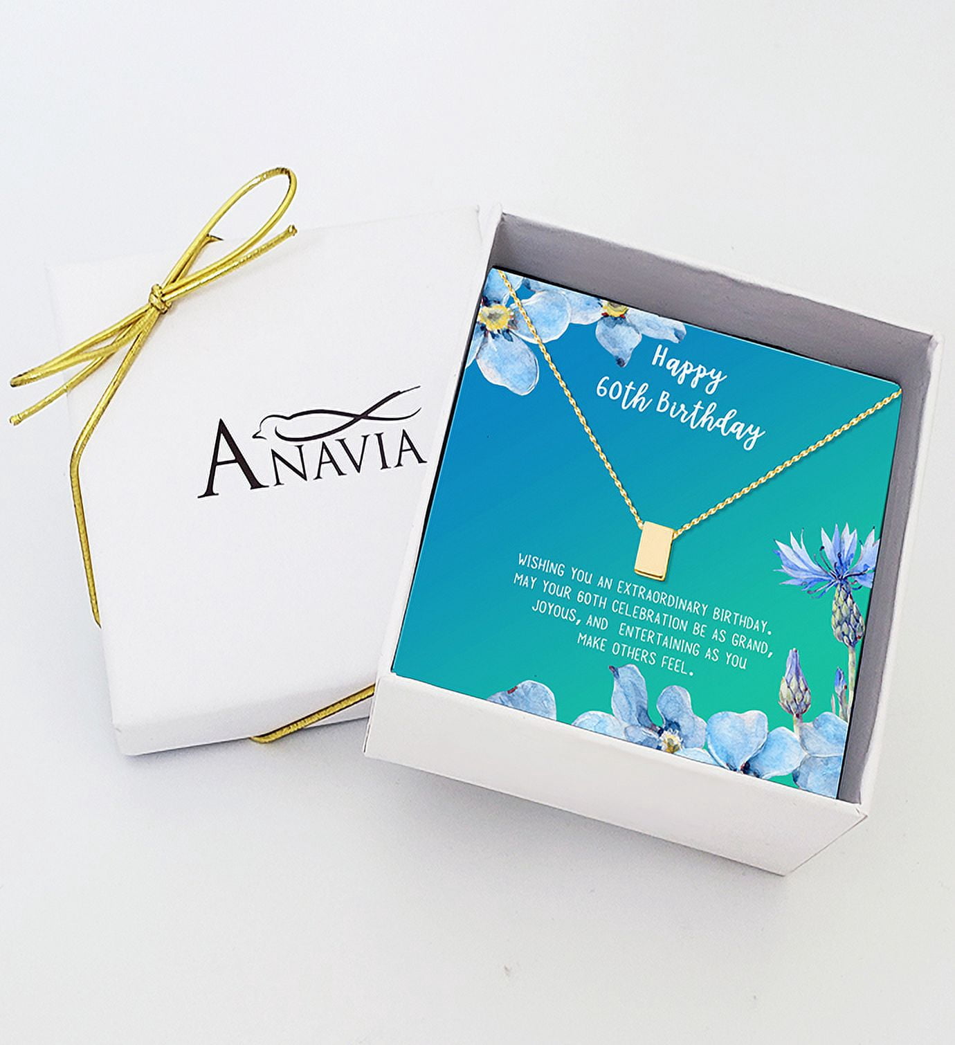 Anavia Happy 60st Birthday Gifts Stainless Steel Fashion Necklace Birthday Card Jewelry Gift for Her, Birthday Gift for Grandma-[Gold Cube, Bright Blue Gift Card]