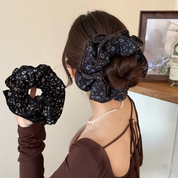 Oversized 4-Layer Floral Scrunchies for Women, Vintage Ruffled Hair Ties, High Elasticity Ponytail Holder