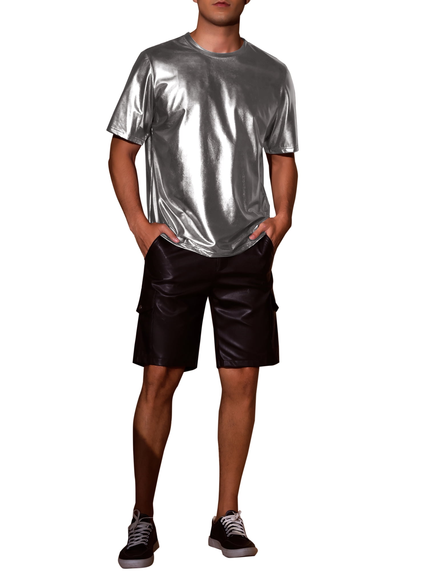 INSPIRE CHIC Holographic T-Shirts for Men's Crew Neck Short Sleeved Party Disco Shiny t Shirt XL Gray