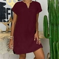 thumbnail image 4 of Dezsed Women's Cotton Linen T Shirt Dress Casual Short Sleeve Knee-Long Dress V Neck Summer Beach Dress with Pockets Wine 5XL, 4 of 7