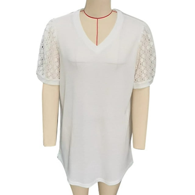 Camisa de manga corta con cuello en V y encaje, camiseta de verano con cuello en V y encaje para mujer, blusa informal holgada con ingeniería de precisión