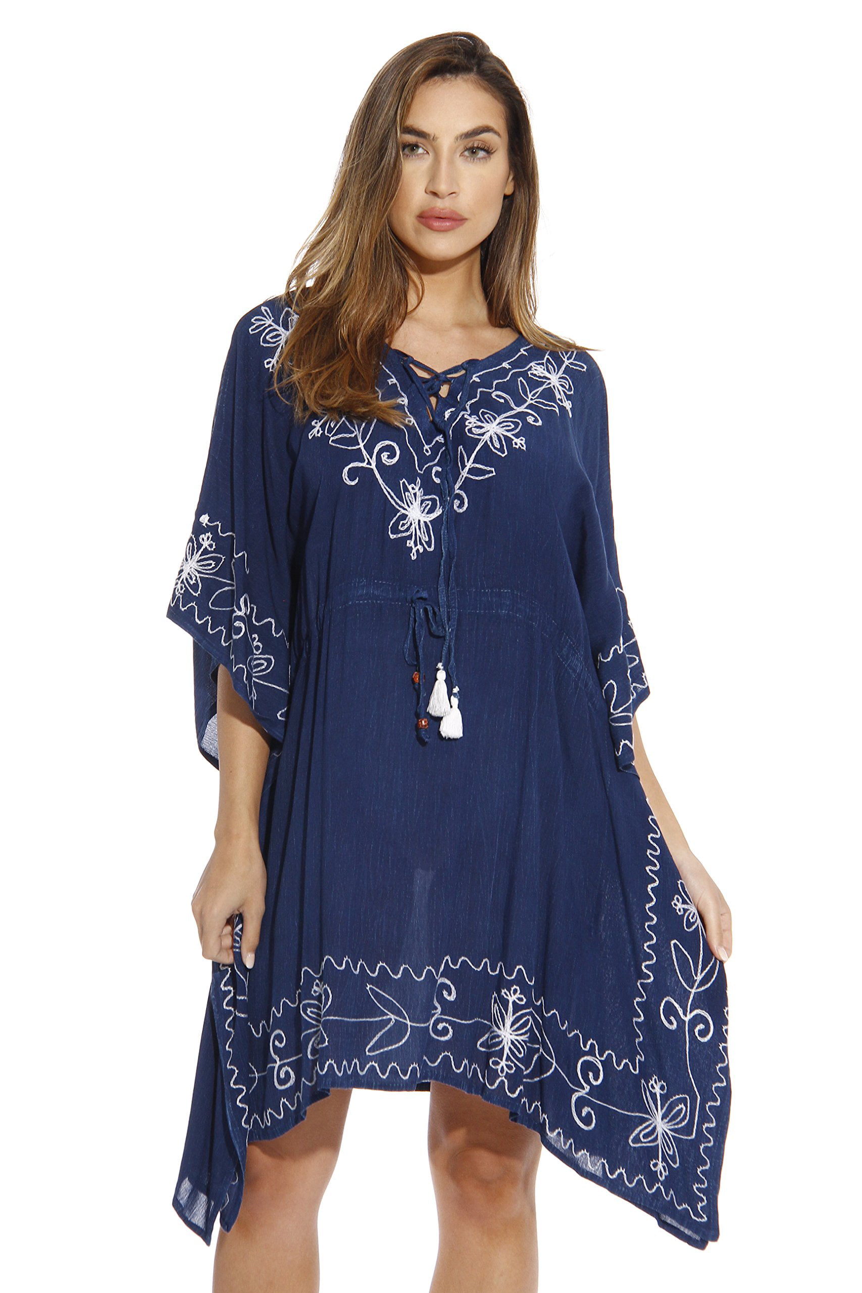 Riviera Sun Lace Up Caftan / Caftans for Women (Dark Denim with White ...