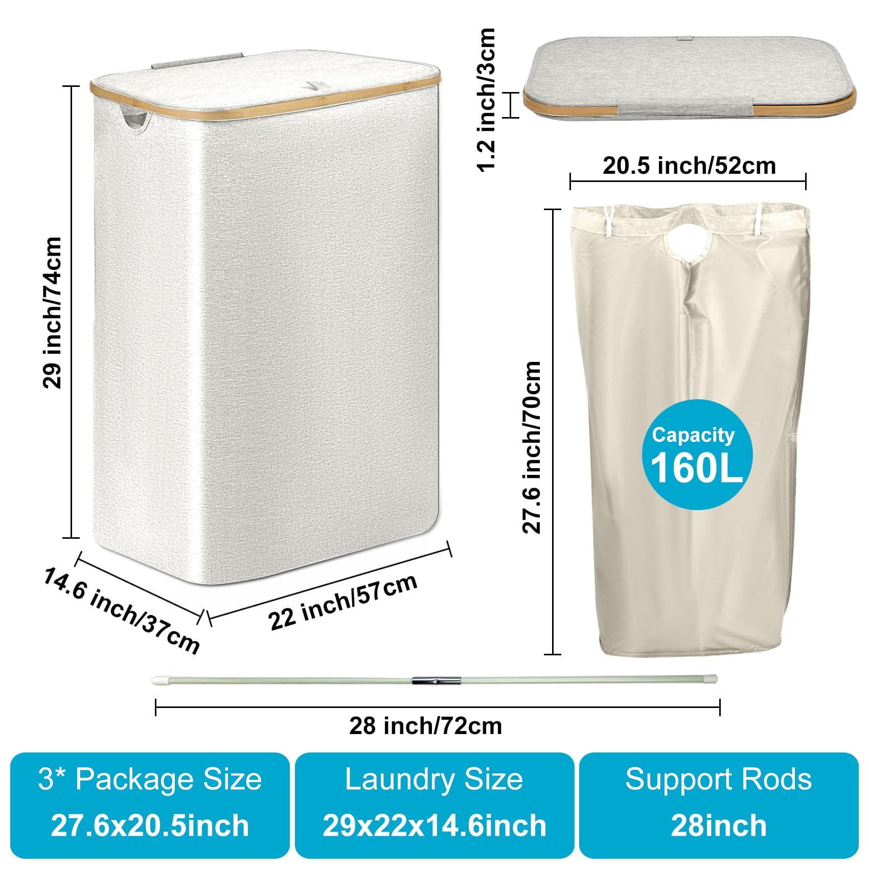 Sunnycome 160L Large Laundry Hamper with Lid Clothes Basket Handles for Bedroom Collapsible Removable White