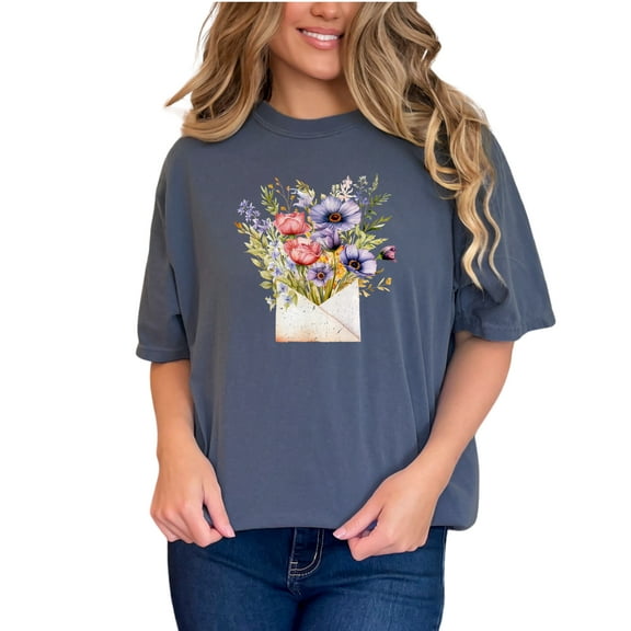 Floral Bouquet Envelope Art T-Shirt, Vintage Flower Illustration Tee, Spring Flowers in Envelope Graphic, Unique Gift for Her, Denim Comfort Colors T-Shirt, Small