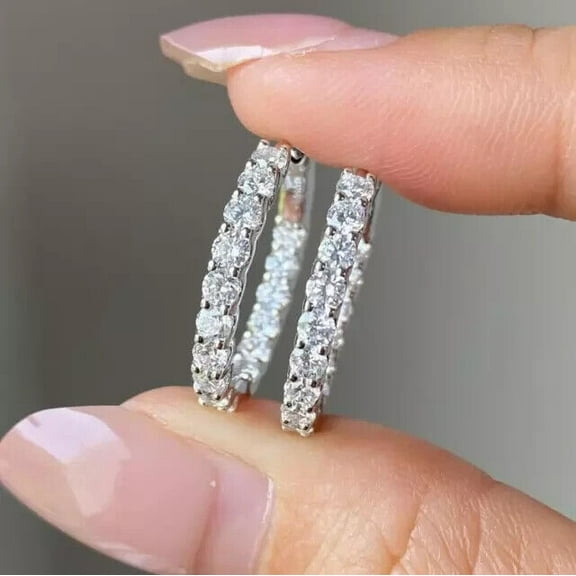 2 Ct Round Lab Created Diamond Inside Out Hoop Earrings 14K White Gold Finish