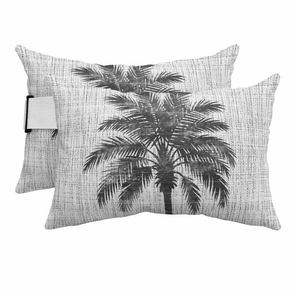 Outdoor Lumbar Pillow for Lounge Chair with Strap & Insert Grey Tropical Palm Tree Recliner Head Pillow Set of 2 Solid Color Linen Waterproof Headrest Patio Pillows for Beach Pool Office 11x16 Inch