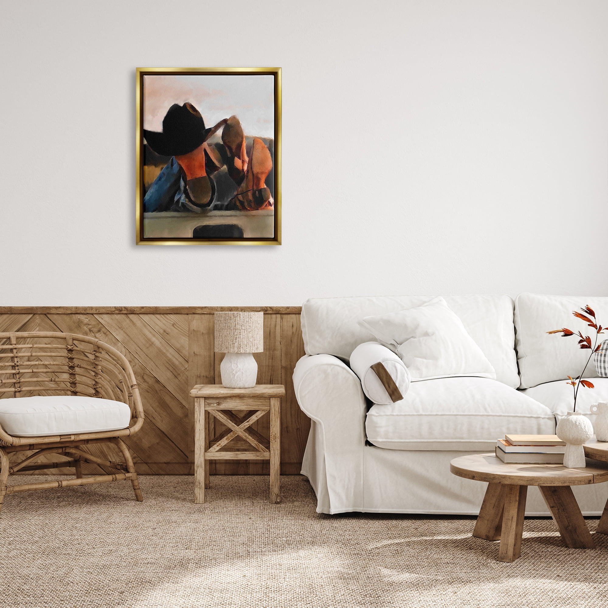Stupell Industries Couple Resting Cowboy Boots Abstract Painting Gold Floater Framed Canvas Art Print Wall Art, 25 x 31