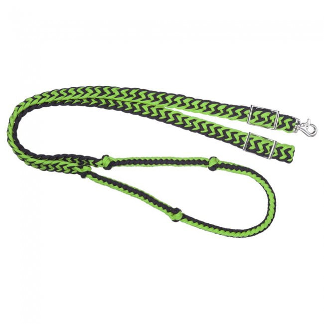 8ft Long Neon Green/Black New Tough-1 Knotted Cord Barrel Reins