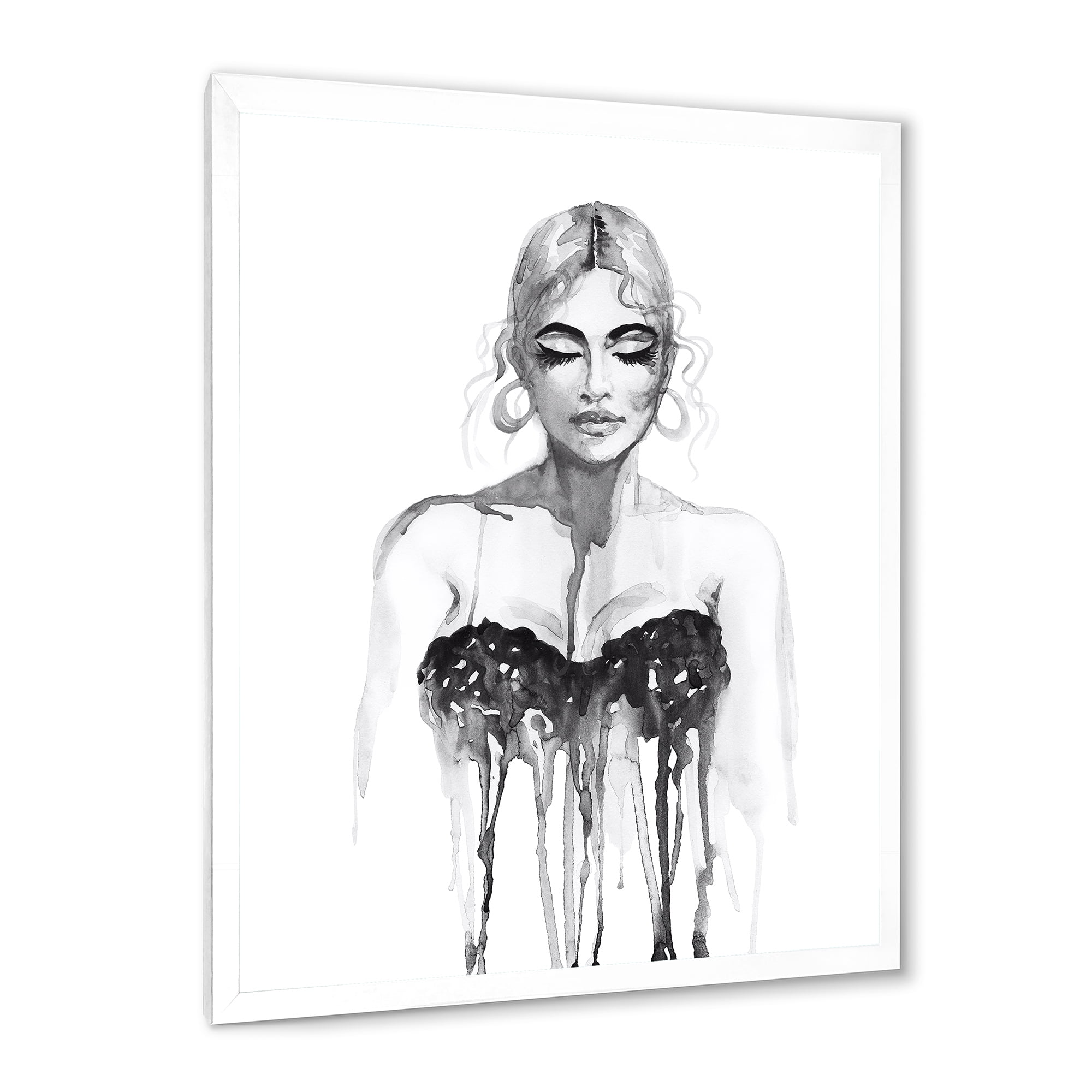 Black and White Portrait of Woman Wearing Evening Dress 16 in x 32 in Framed Painting Canvas Art Print, by Designart