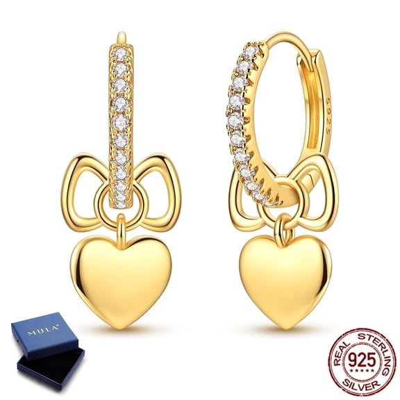 MULA 925 Sterling Silver Gold Plated Shimmered Bow Heart Hoop Earrings, Sparkling AAA CZ Jewelry Gifts for Her