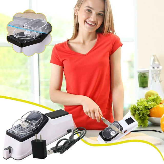 Electric Knife Sharpener | USB Powered Motorized Sharpening System - 5 Second Rapid Sharpen & Polish | Dual-Sided for Knives & Scissors | Safety Protective Cover | Compact Design | 1 Pack