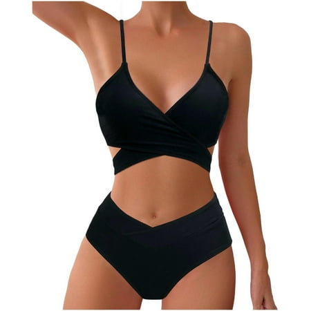 UTSJKR Womens Wrap Bikini Set Push Up High Waisted 2 Piece Bikini Swimsuits Sexy Bathing Suits Two Piece Swimsuit Black XL